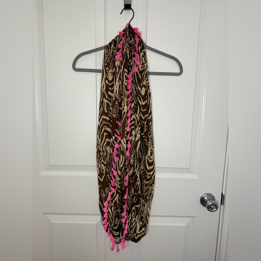 Lilly Pulitzer Brown and Cream Zebra Print Scarf with Pink Tassel Trim